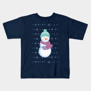 Snowman with coffee and snowflake background Kids T-Shirt